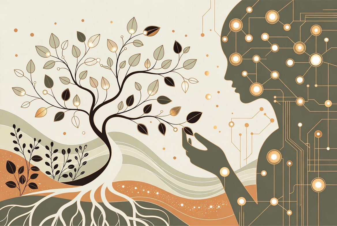 Illustration digitale poétique et immersive : un écosystème naturel et digital en harmonie, inspirant votre communication digitale.
