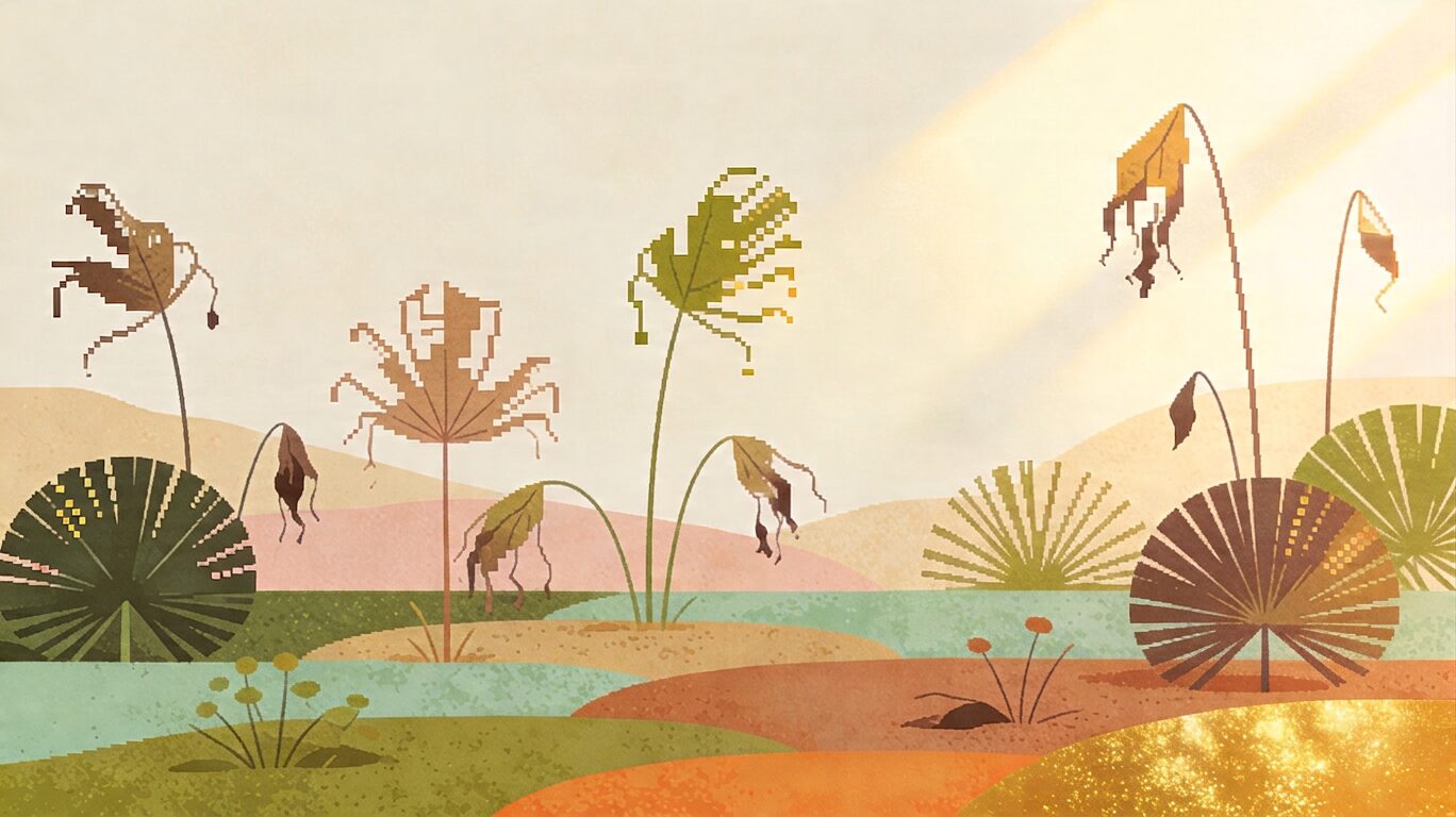 Jardin-digital-avec-plantes-fanees-symbolisant-une-presence-digitale-desalignee Illustration digitale poétique et immersive : jardin digital avec des plantes fanées symbolisant une présence en ligne désalignée