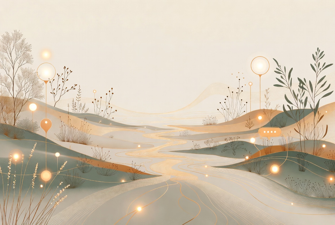 illustration-communication-digitale-comme-un-ecosysteme-vivant Illustration poétique d’un écosystème vivant avec des symboles numériques pour un article sur la communication digitale