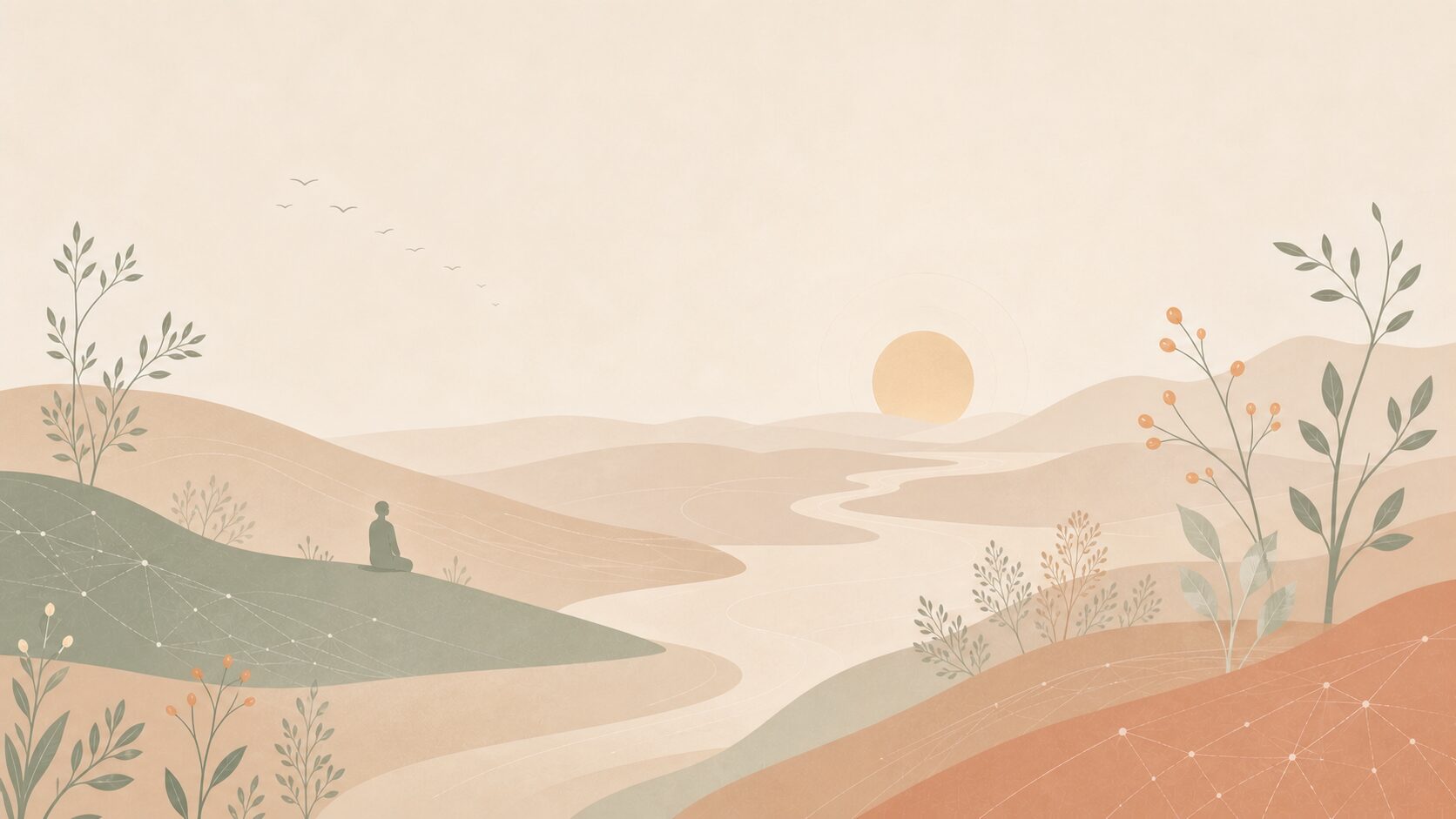 Illustration digitale poétique et immersive : un chemin entrepreneurial aligné, respectueux du rythme et de soi