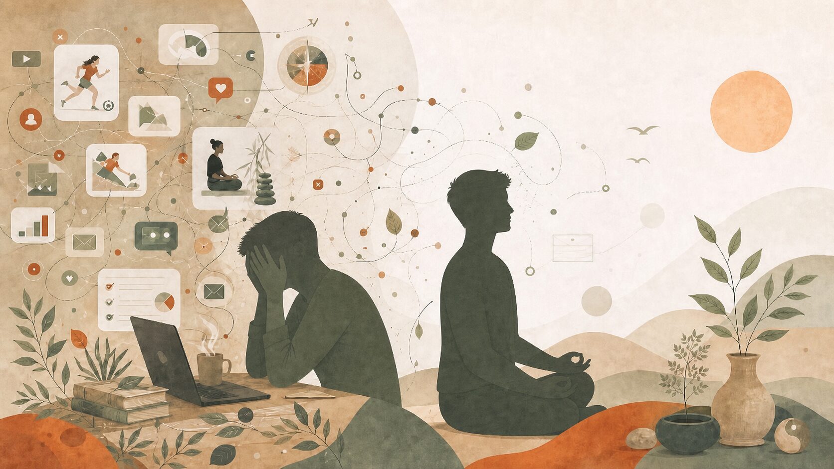 Illustration digitale poétique et immersive : un coach épuisé par une communication digitale en perte de sens, en quête de retrouver sa juste place, son équilibre et son alignement, aspirant à redonner du sens à sa manière d’être pleinement présent.