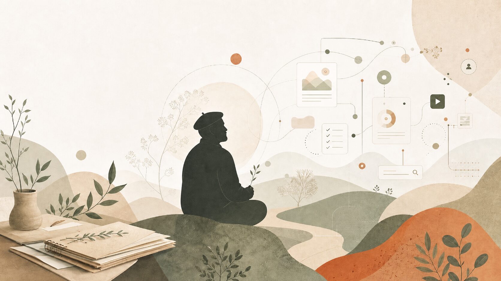 dirigeant-entreprise-cherchant-a-moderniser-sans-se-perdre-dans-le-digital Illustration digitale poétique et immersive : dirigeant d'une entreprise familiale locale face au besoin de passer d'une communication print à digital sans se perdre