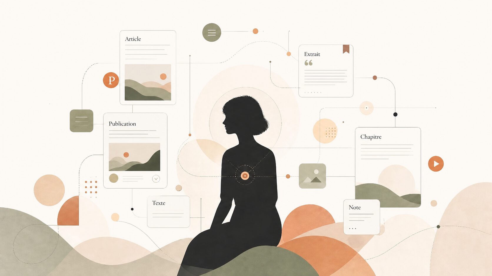 therapeute-en-recherche-presence-en-ligne-qui-lui-ressemble Illustration digitale poétique et immersive : une thérapeute perdue dans sa communication digitale et en recherche d'une présence en ligne authentique et cohérente