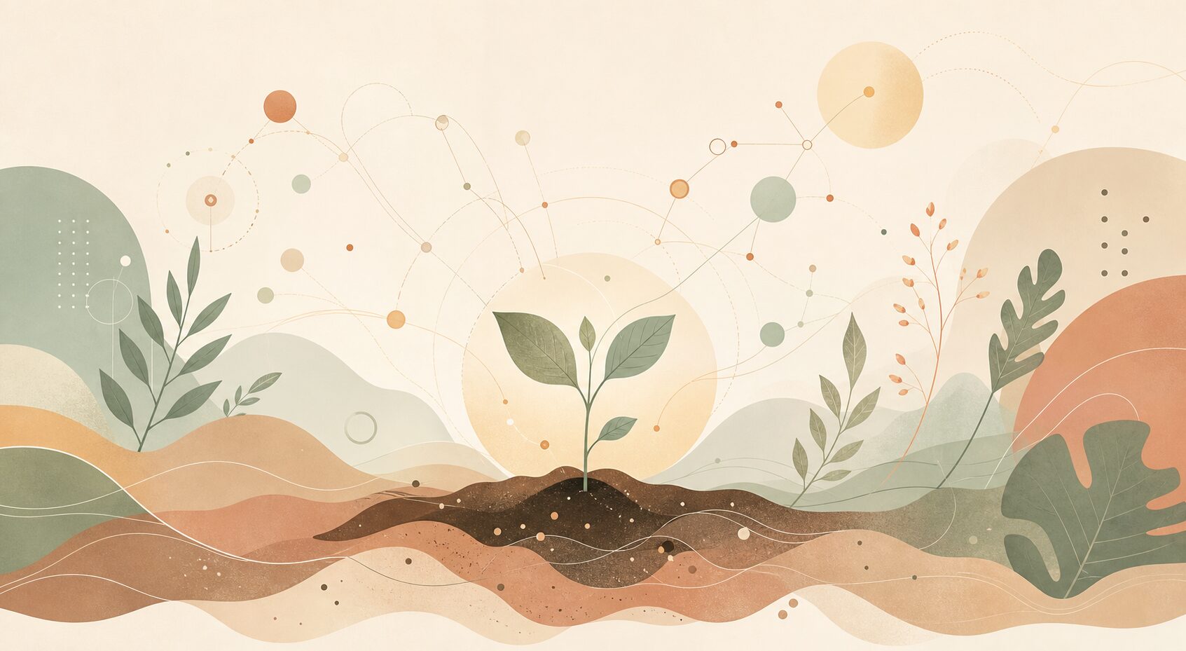 cultiver-inspiration-digitale-maturation-idee Illustration digitale poétique et immersive : illustration éditoriale d'une jeune pousse entourée de formes organiques et de connexions numériques fines, symbolisant la maturation progressive d'une idée.