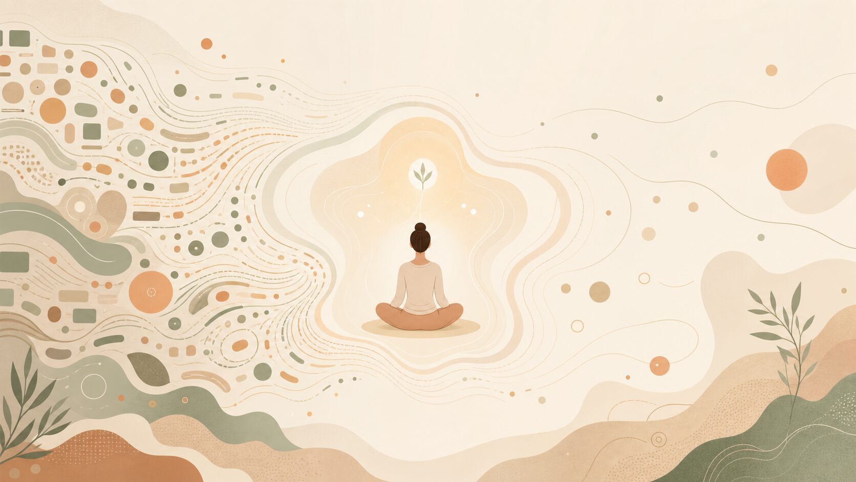inspiration-digitale-dans-ralentissement-instant-meditation-organique Illustration digitale poétique et immersive : silhouette en méditation au centre d'un univers organique et digital apaisé, évoquant le ralentissement comme ouverture à l'inspiration profonde.
